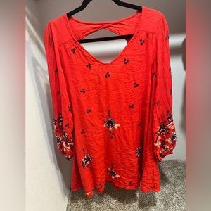 Free People Red Embroidered V Neck Tunic Boho Mini Dress Open Back Womens XS